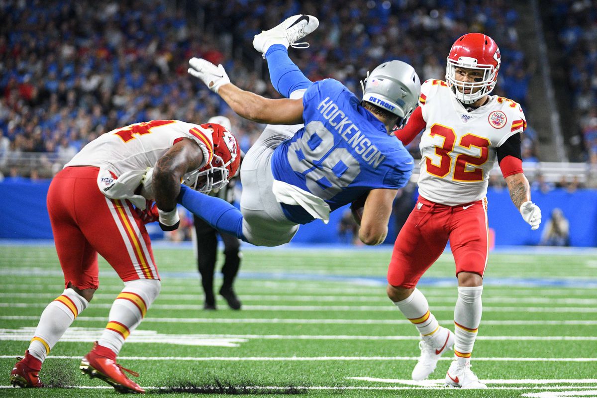 Detroit Lions tight end T.J. Hockenson is tackled by Kansas City Chiefs outside linebacker Damien Wilson and is injured during the play during the third quarter at Ford Field.