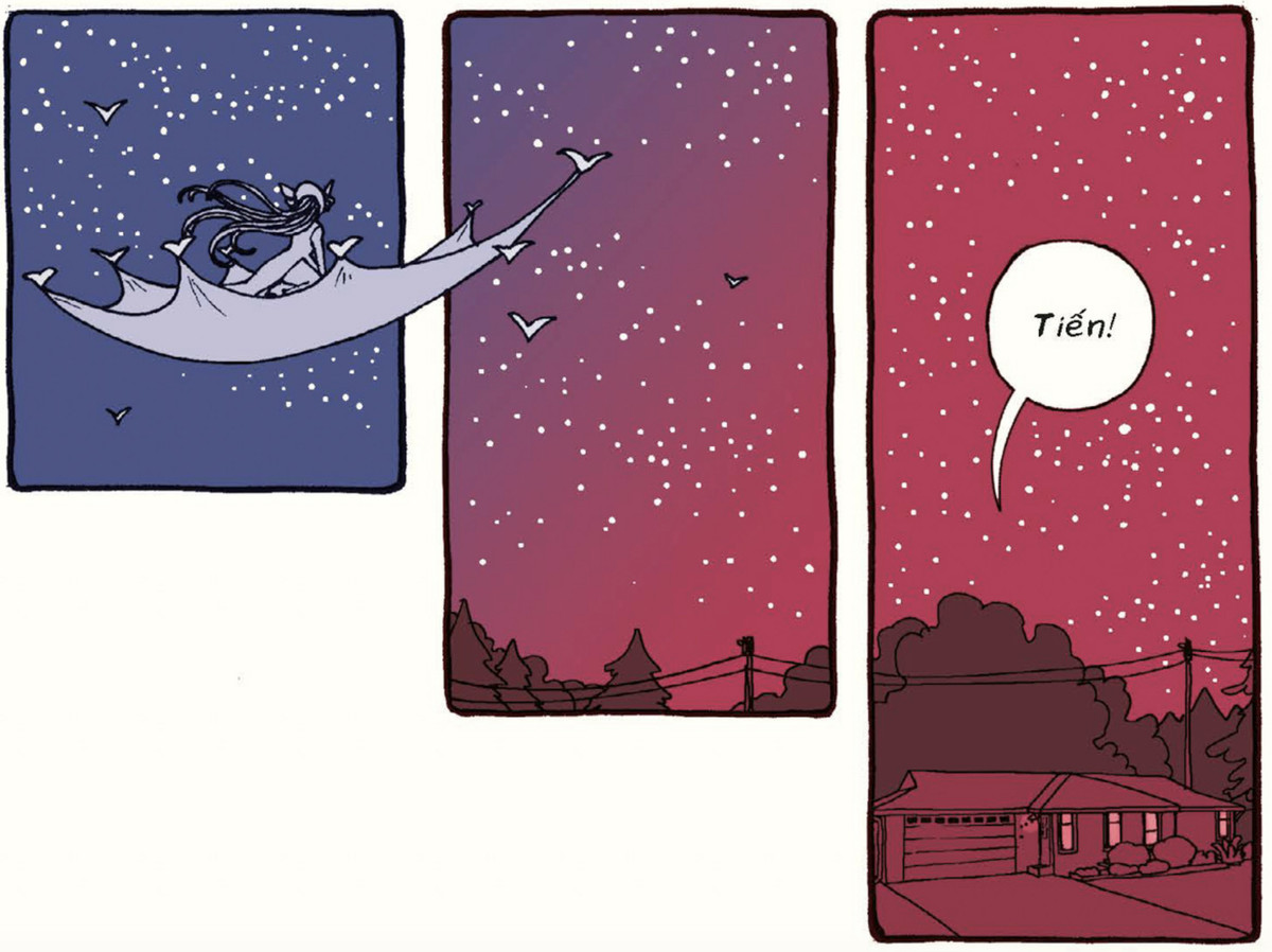 Three panels from Trung Le Nguyen’s The Magic Fish, featuring a long-haired girl being carried through the air on a blanket held by birds, over a suburban house