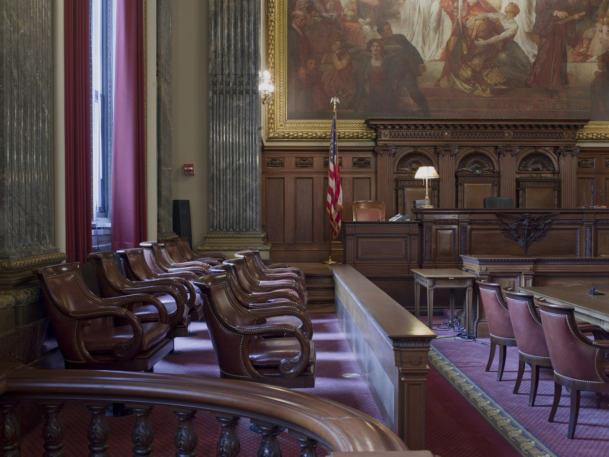 A jury box in a US courtroom.