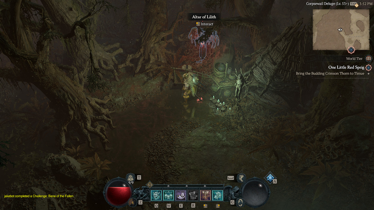 A screenshot of a Barbarian finding the 17th Altar of Lilith in Hawezar in Diablo 4
