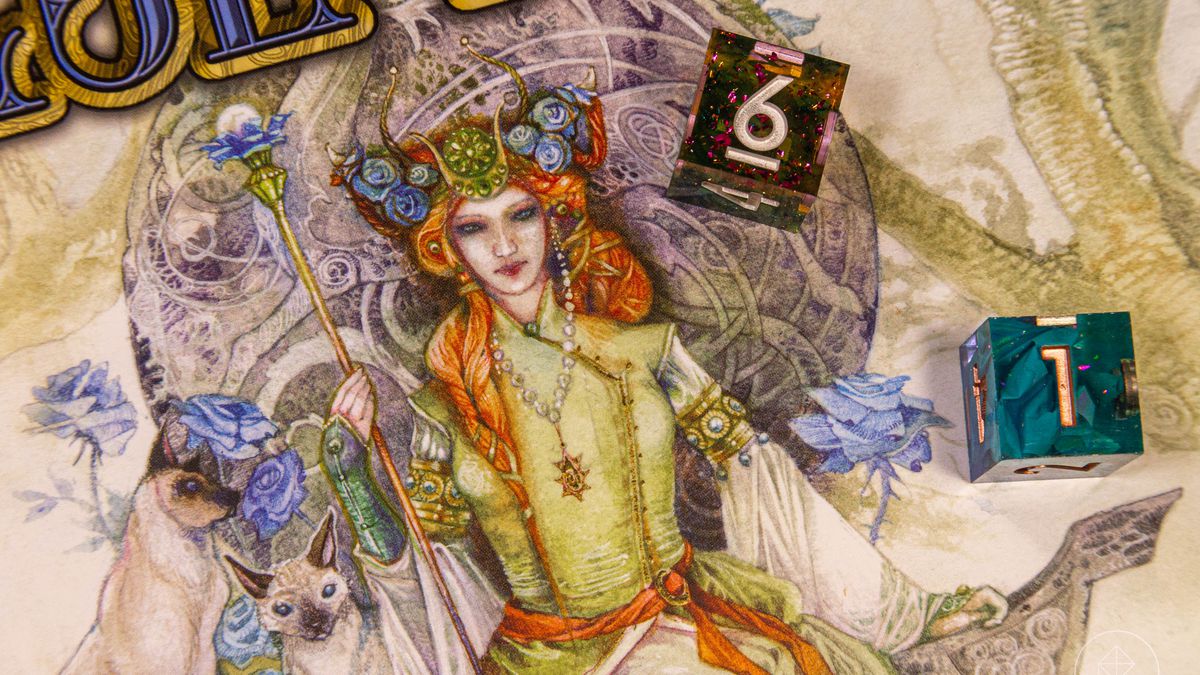 A queen, perhaps of a fairy realm, stares back at the viewer from the cover of Blue Rose by Green Ronin. She holds a sceptre, and is flanked by cats.