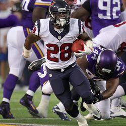 Aug 9, 2013; Minneapolis, MN, USA; Houston Texans running back Dennis Johnson (28) carries the ball during the first quarter against the Minnesota Vikings at the Metrodome. 