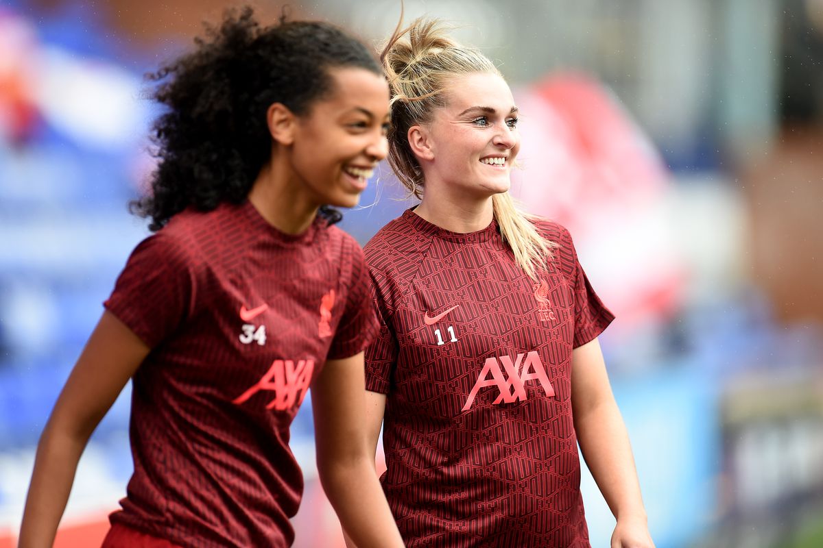 &nbsp;Melissa Lawley and Hannah Silcock of Liverpool Women during the warm up before the FA Women’s Super League match between Liverpool FC and Chelsea FC at Prenton Park on September 18, 2022 in Birkenhead, England.
