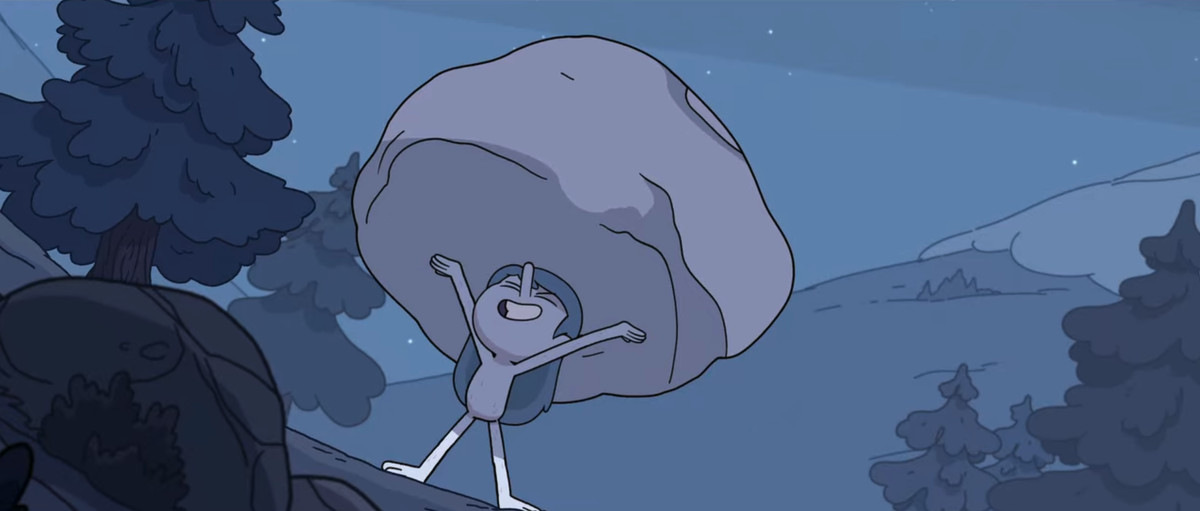 Hilda holds up a large boulder