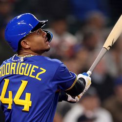 Julio Rodriguez #44 of the Seattle Mariners at bat \ah at T-Mobile Park on May 05, 2023 in Seattle, Washington.