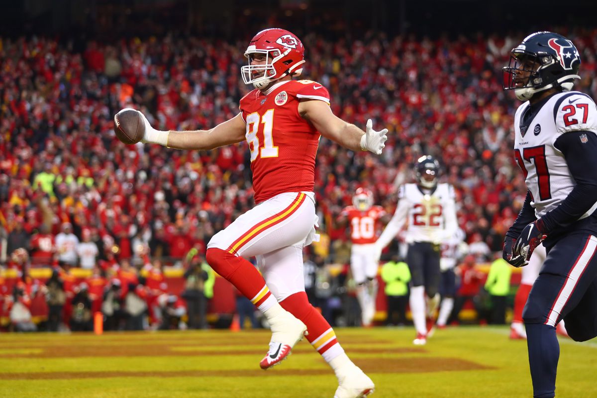 Kansas City Chiefs tight end Blake Bell celebrates after scoring a touchdown against the Houston Texans in the AFC Divisional Round playoff football game at Arrowhead Stadium.