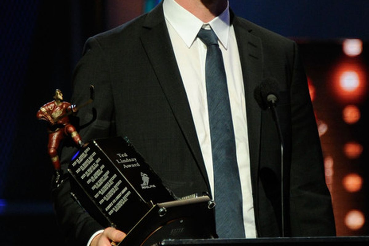 LAS VEGAS, NV - JUNE 22:  Daniel Sedin of the Vancouver Canucks accepts the Ted Lindsay Award during the 2011 NHL Awards at The Pearl concert theater at the Palms Casino Resort June 22, 2011 in Las Vegas, Nevada.  (Photo by Ethan Miller/Getty Images)
