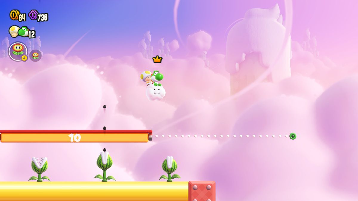 Toad on Yoshi’s back in a Lakitu Cloud, in a Super Mario Bros. Wonder level.
