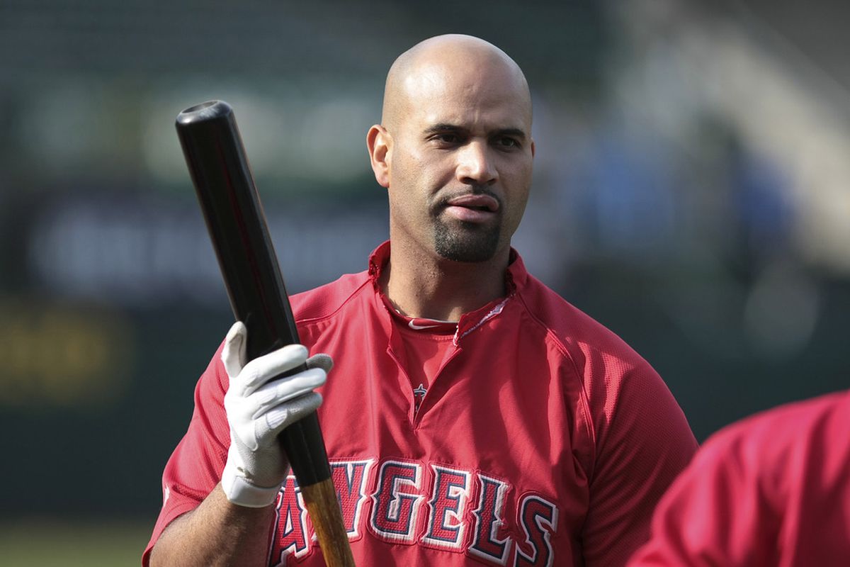 May 21, 2012; Oakland, CA, USA; Los Angeles Angels first baseman Albert Pujols (5) during batting practice before the game against the Oakland Athletics at O.co Coliseum. Mandatory Credit: Kelley L Cox-US PRESSWIRE