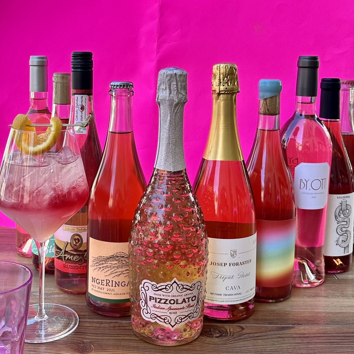 Bottles of pink wine.