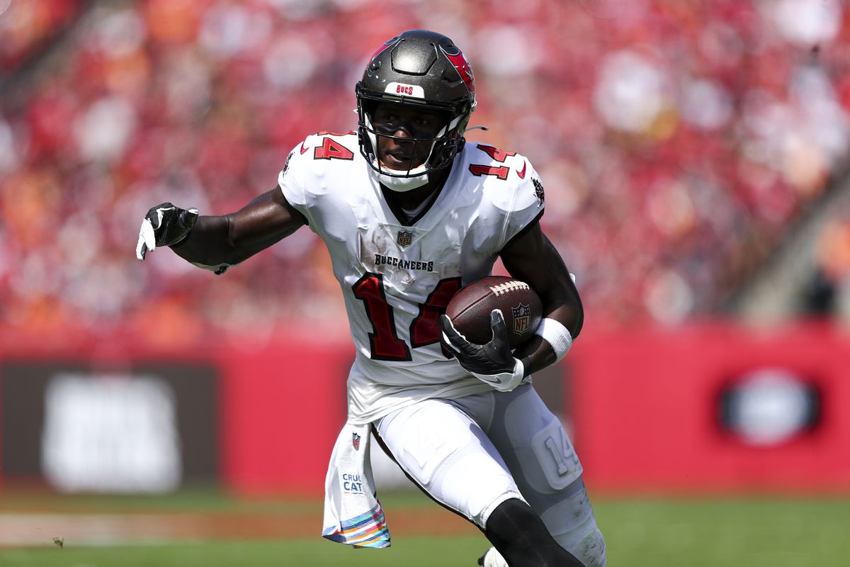 Chris Godwin #14 of the Tampa Bay Buccaneers carries the ball during the second quarter of the game against the Atlanta Falcons at Raymond James Stadium on October 9, 2022 in Tampa, Florida.