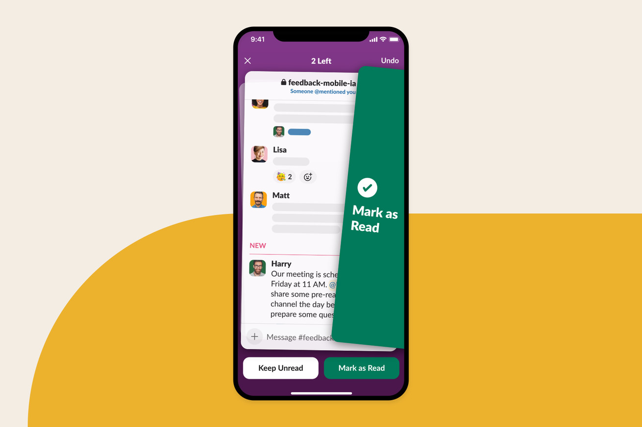 A screenshot of Slack’s new Catch Up feature on a yellow background.