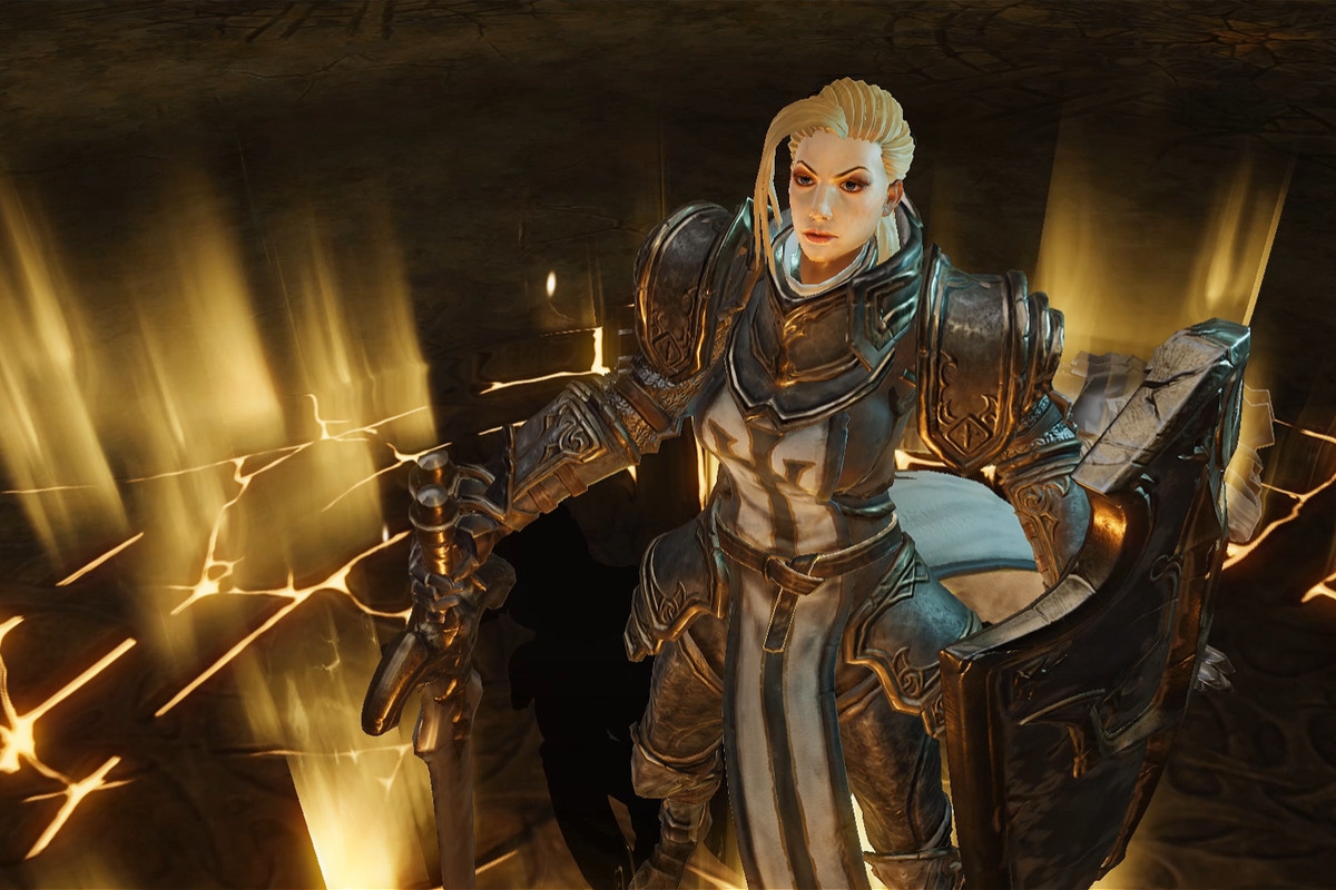 Diablo Immortal cinematic screenshot showing the crusader character standing atop a glowing sigil.