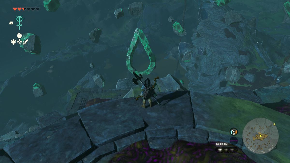 The Legend of Zelda: Tears of the Kingdom Link standing along the southern edge of Floating Scales Island facing debris in the shape of a scale.