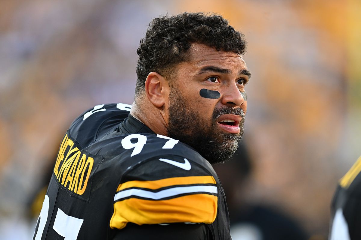Cameron Heyward #97 of the Pittsburgh Steelers looks on during the second quarter of a preseason game against the Buffalo Bills at Acrisure Stadium on August 19, 2023 in Pittsburgh, Pennsylvania.