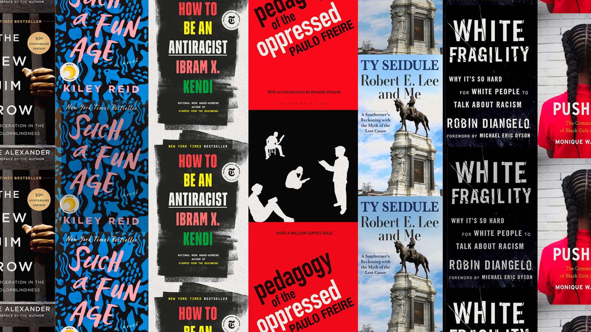 A collage of book covers including “White Fragility,” How to be an Antiracist,” and “Pegagogy of the Oppressed.”