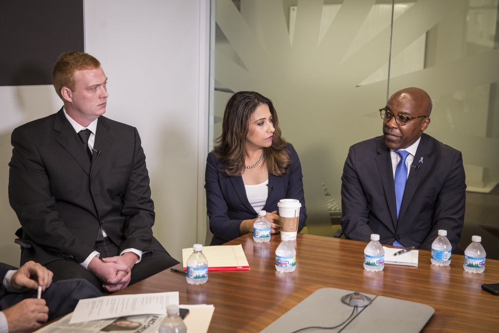 From left, Illinois Attorney General nominees Bubba Harsy (L), Erika Harold (R) and Kwame Raoul (D) at a Sun-Times Editorial Board forum Tuesday, Sept. 18, 2018. | Rich Hein/Sun-Times