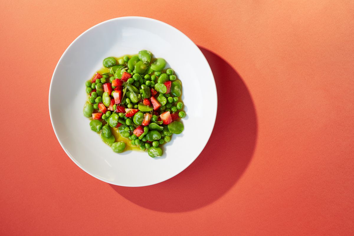 A summer dish of peas, broad beans, and strawberries at Legare, which will open at Shad Thames, London Bridge later this year