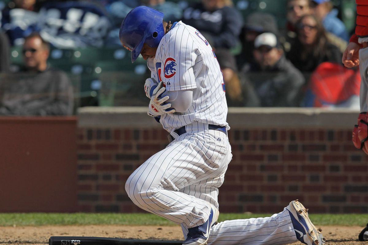 Starlin Castro of the Chicago Cubs reacts after being hit by a pitch in the  7th inning against the Cincinnati Reds at Wrigley Field in Chicago, Illinois. (Photo by Jonathan Daniel/Getty Images)