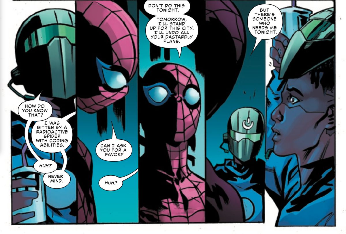 Spider-Man asks a super-hacker to postpone his city-wide blackout one night, because “there’s someone who needs me tonight.” The hacker pulls back his cool helmet, revealing that he is a stunned black teen, in Friendly Neighborhood Spider-Man #14, Marvel Comics (2019). 