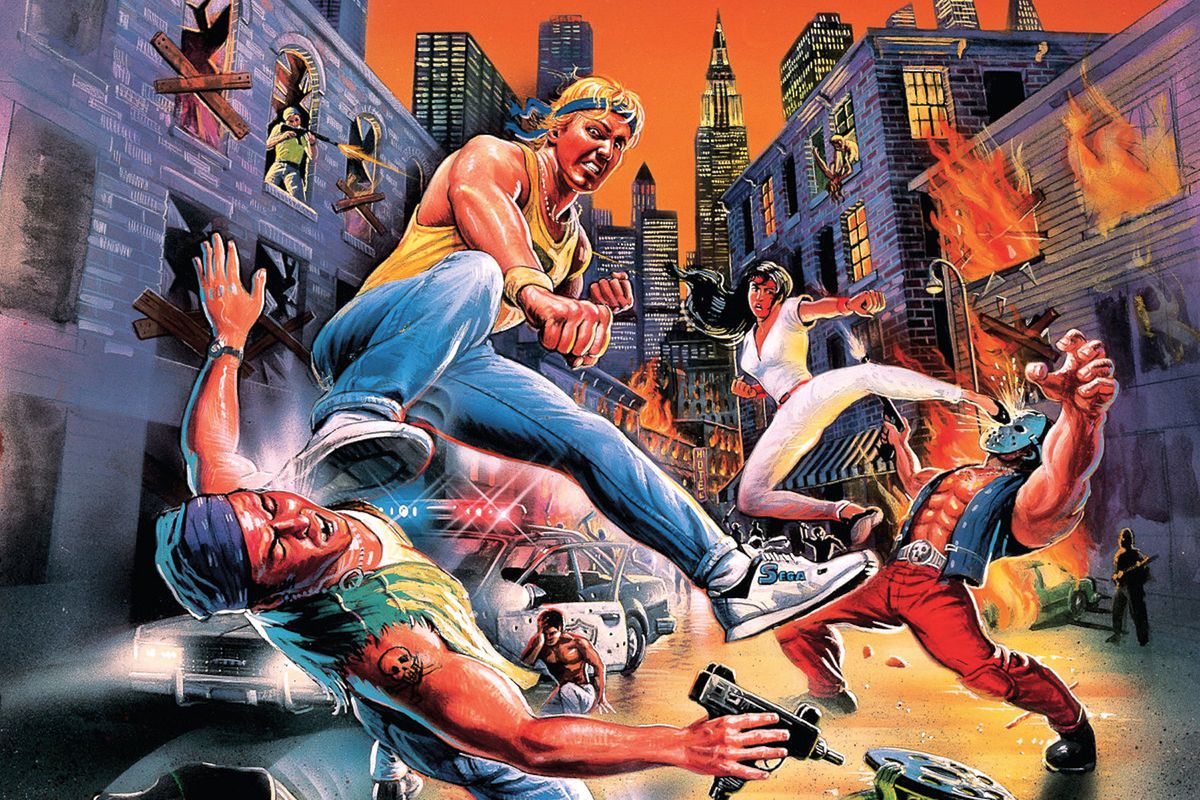 Cover art from the original Streets of Rage featuring Axel and Blaze beating up thugs
