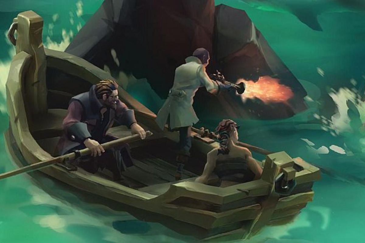 Sea of Thieves - Two pirates in a rowboat battle back sharks