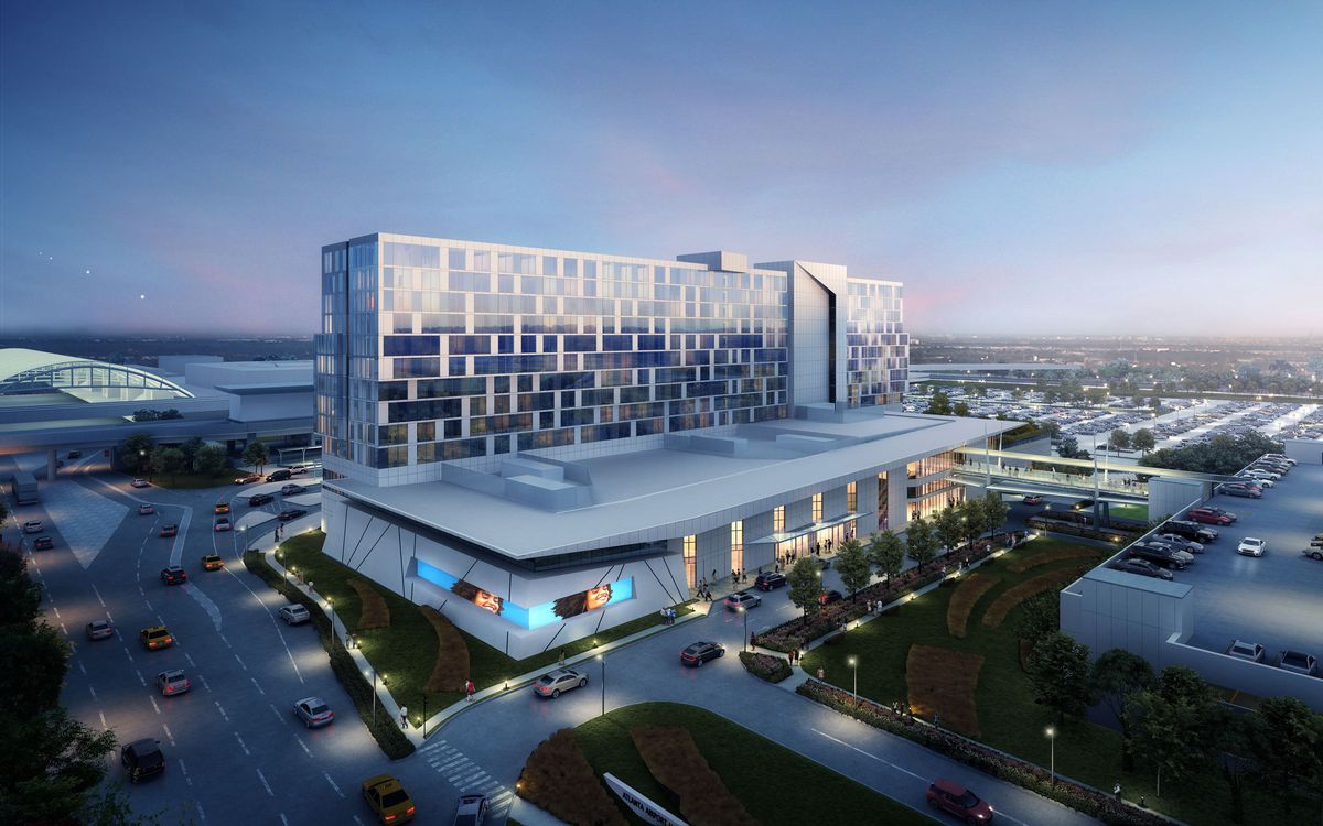 A rendering shows a long, glassy hotel next to the arches of the airport’s pickup and drop-off point.