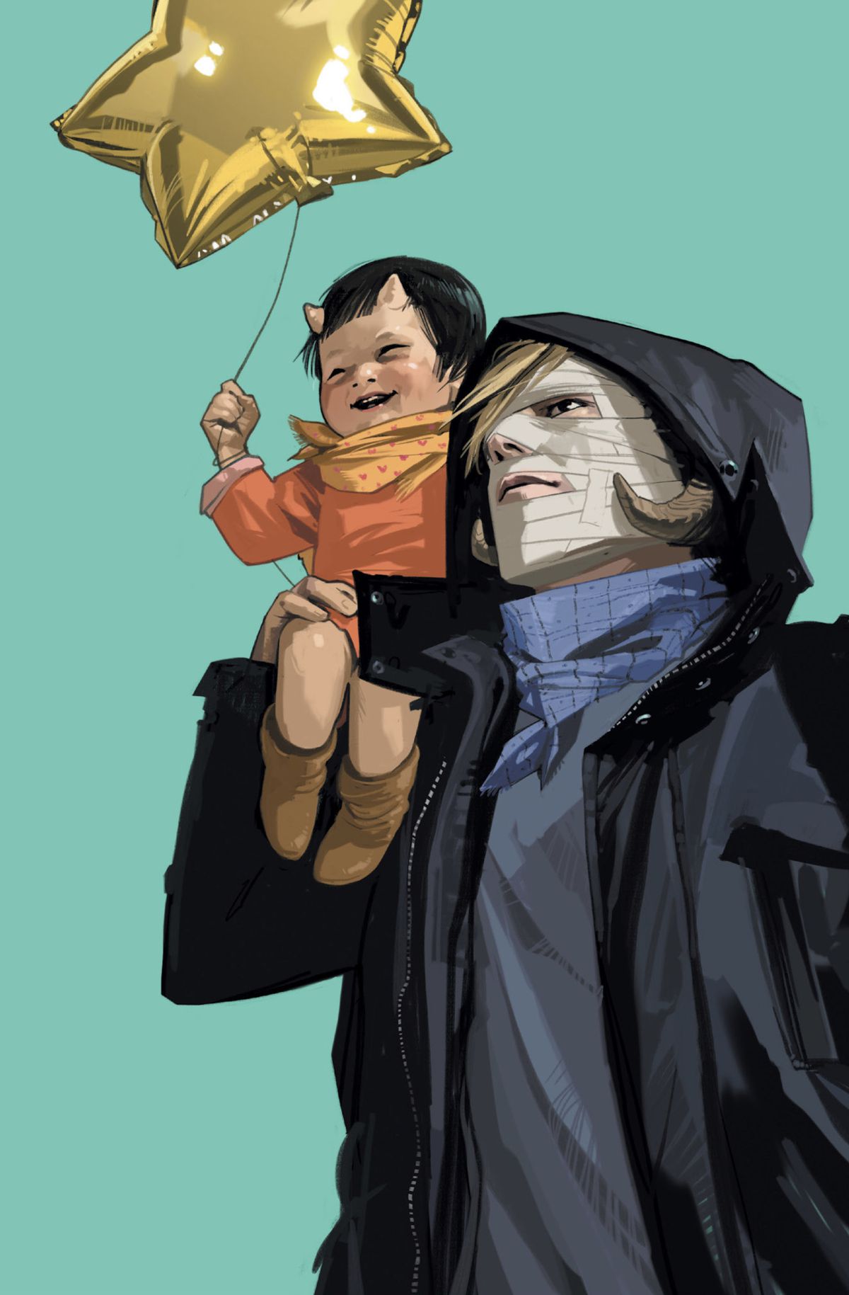 Toddler Hazel holds a gold star-shaped balloon as she sits on Marko’s shoulder. His face is disguised, covered in bandages on the cover of Saga #20 (2014). 