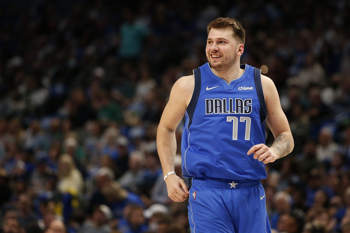 Luka Doncic #77 of the Dallas Mavericks reacts after making a basket in the second half against the San Antonio Spurs at American Airlines Center on April 10, 2022 in Dallas, Texas.&nbsp;