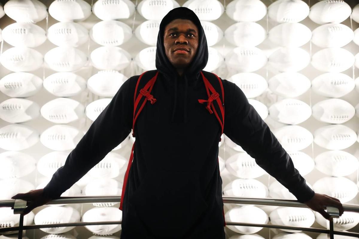 Ziggy Ansah, defensive end from Brigham Young University, poses for a photograph at Niketown the day before the 2013 NFL Draft, Wednesday, April 24, 2013, in New York City. Ansah was selected fifth in the 2013 NFL draft.
