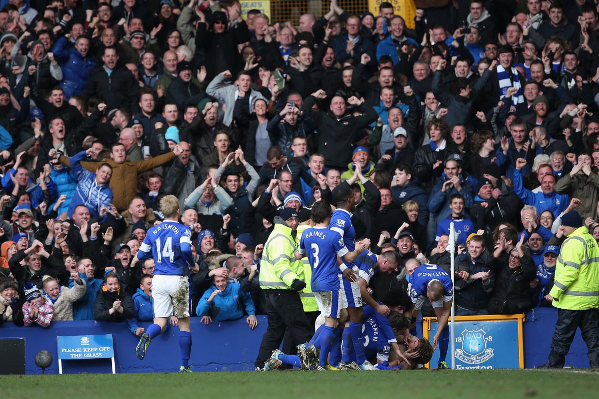 Nikica Jelavic leading the celebrations after scoring the second goal