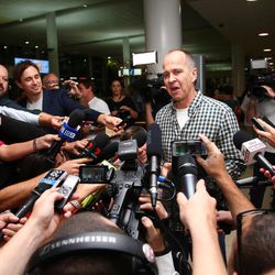 Australian journalist Peter Greste speaks to the media after his arrival in Brisbane, Australia, Thursday, Feb. 5, 2015. Greste, a reporter for Al-Jazeera English was released from an Egyptian prison and deported after more than a year behind bars. 