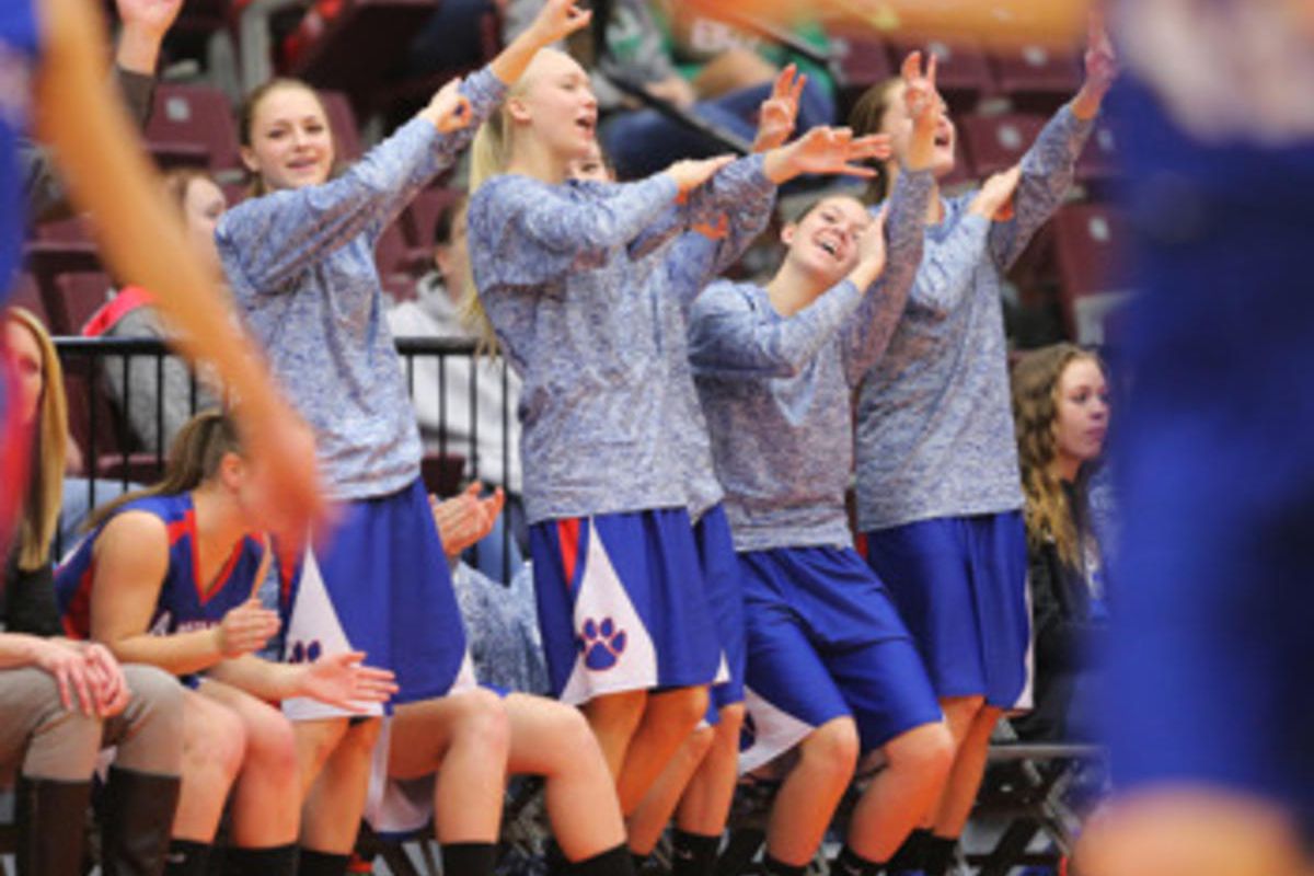 Panguitch players celebrate on the bench as Duchesne and Panguitch play for the 1A championship at the Sevier Valley Center in Richfield Saturday, Feb. 20, 2016.  