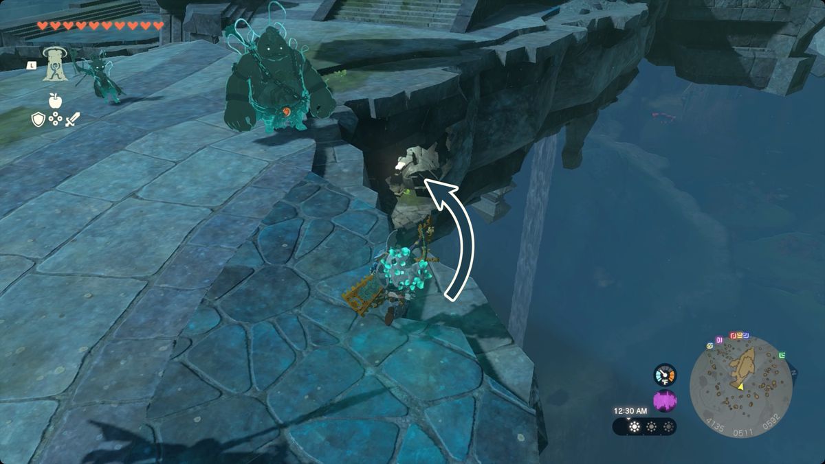 The Legend of Zelda: Tears of the Kingdom Link standing on Floating Scales Island looking at the cave hiding the Zora Helm.