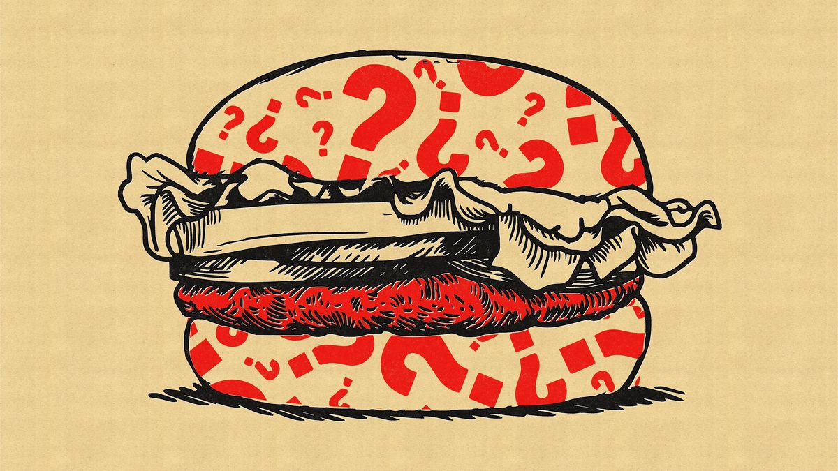 Illustration of a burger with question marks.