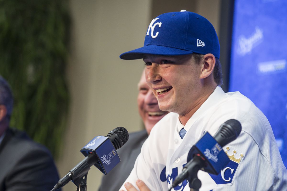 The 2018 Kansas City Royals first-round pick pitcher Brady Singer smiles during a press conference before the game between the Cleveland Indians and the Kansas City Royals at Kauffman Stadium on July 3, 2018 in Kansas City, Missouri.