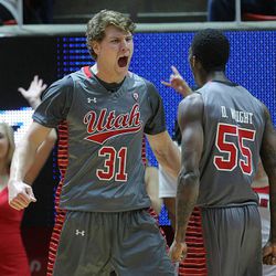 Utah Utes center Dallin Bachynski (31) celebrates a dunk and foul as Utah and Wichita State play Wednesday, Dec. 3, 2014, in the Huntsman Center at the University of Utah in Salt Lake City.