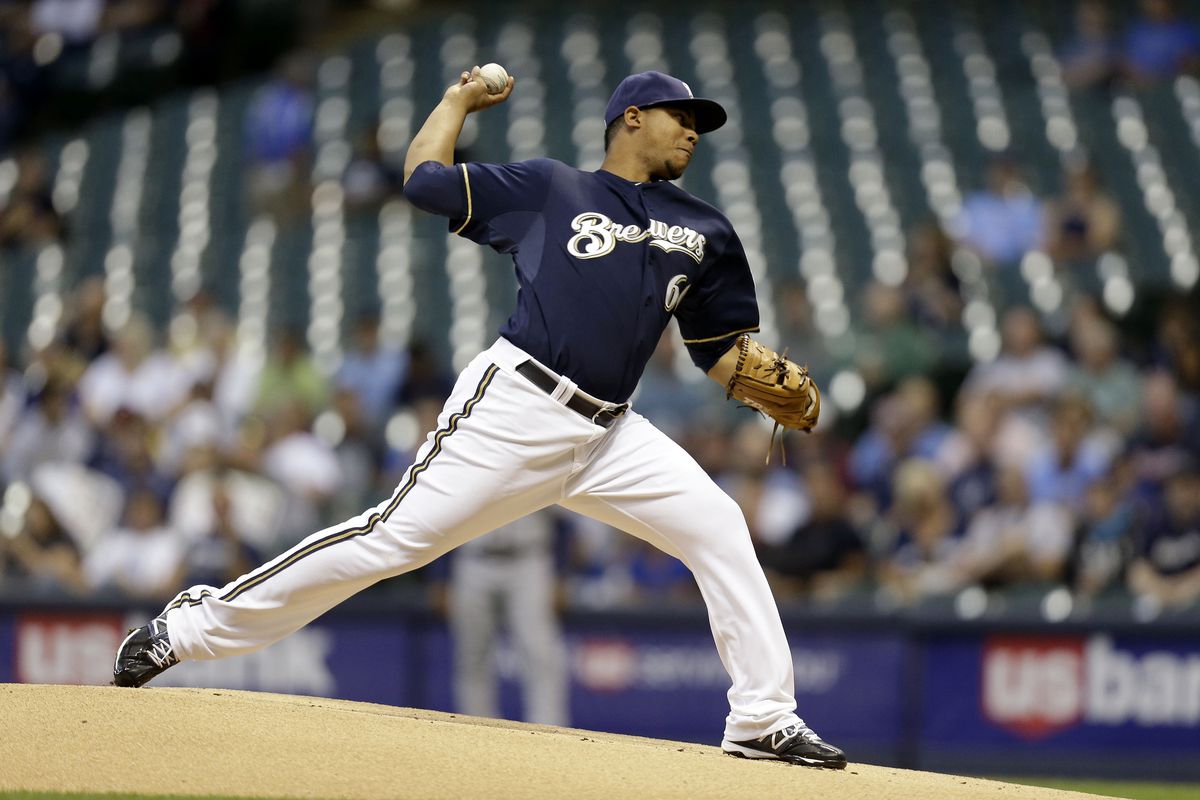MILWAUKEE, WI - SEPTEMBER 10: Wily Peralta #60 of the Milwaukee Brewers pitches against the Atlanta Braves during the game at Miller Park on September 10, 2012 in Milwaukee, Wisconsin. (Photo by Mike McGinnis/Getty Images)