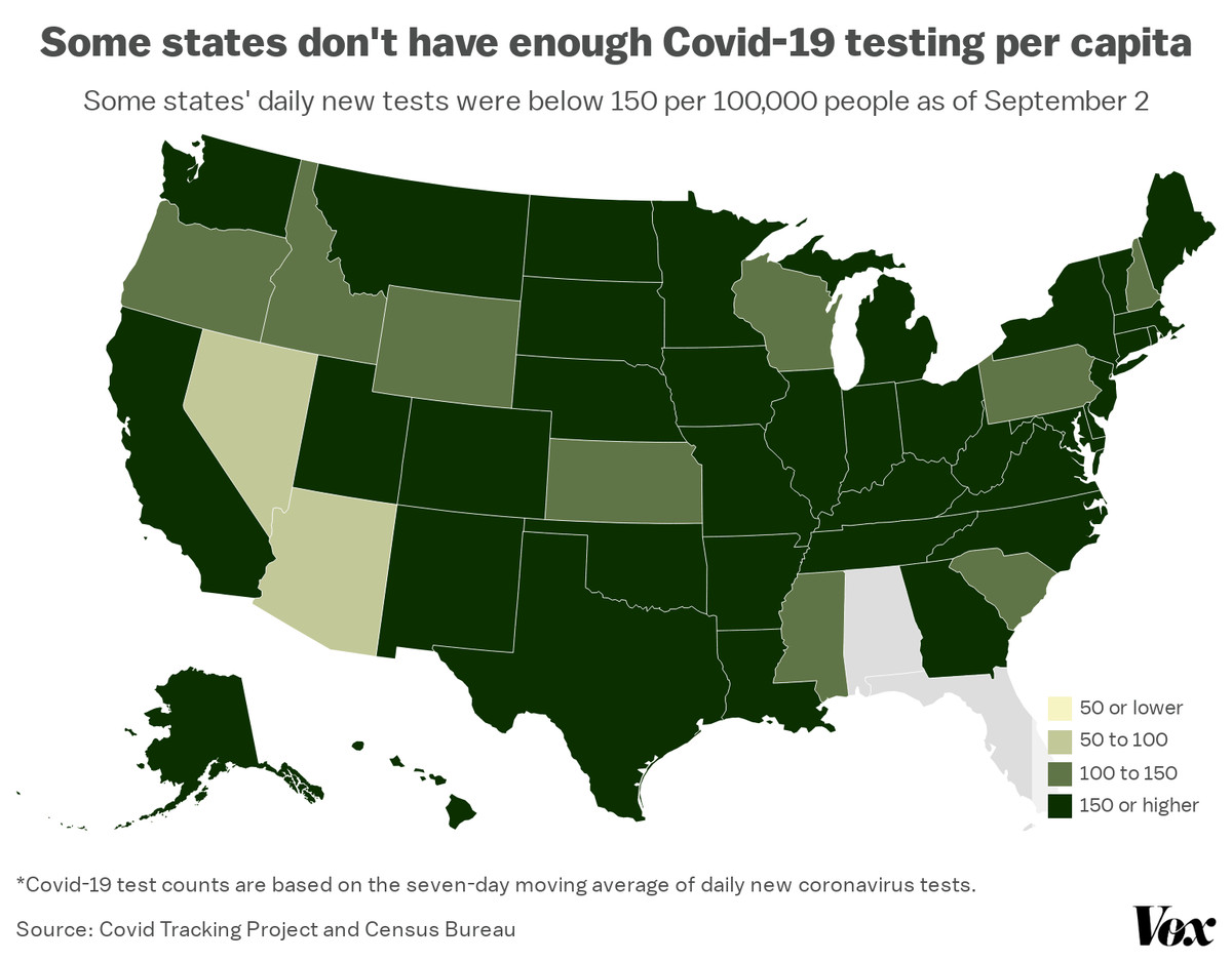 A map of coronavirus tests per capita, state by state.