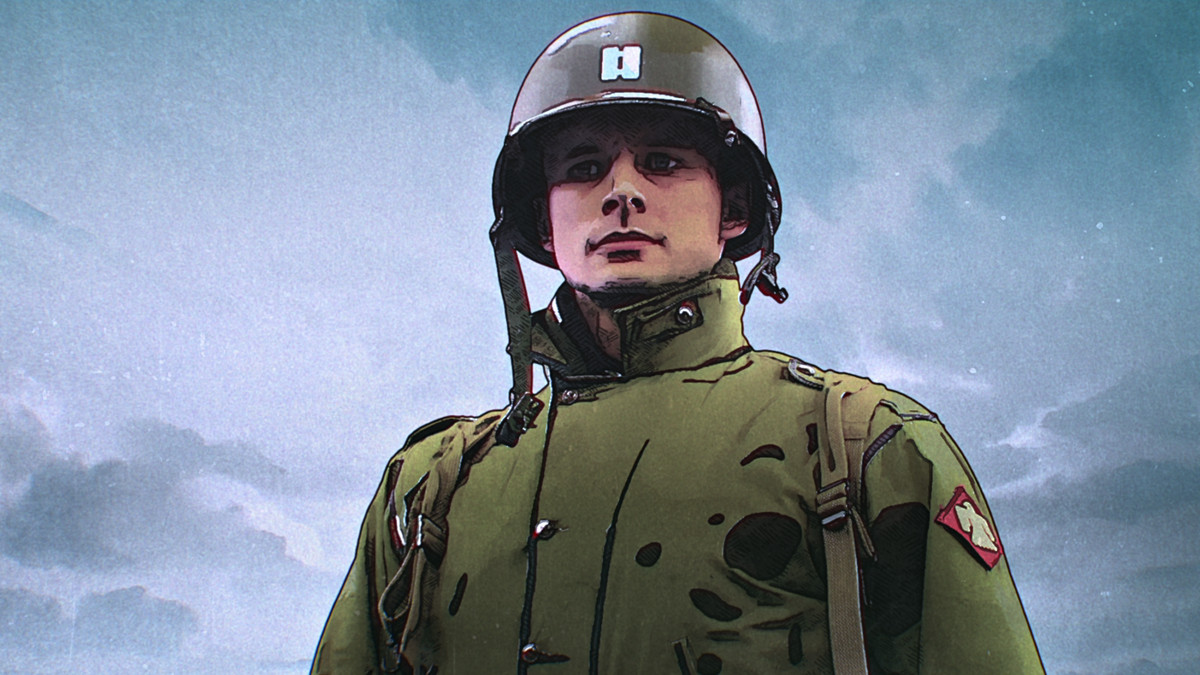 Bradley James in WWII costume with trioscope overlay in The Liberator