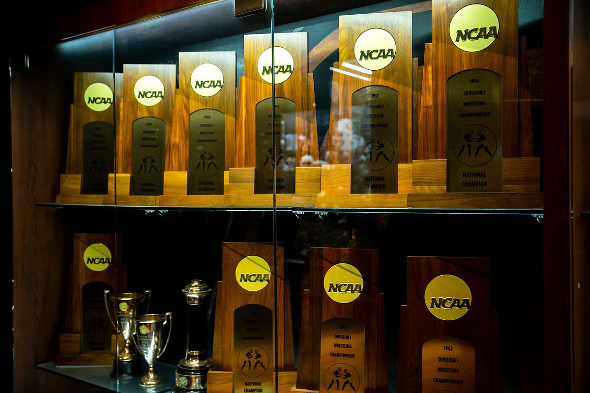 Oklahoma State wrestling national championship trophies dating back to 1928 are seen in Heritage Hall at Gallagher-Iba Arena, Tuesday, March 14, 2023, in Stillwater, Okla.