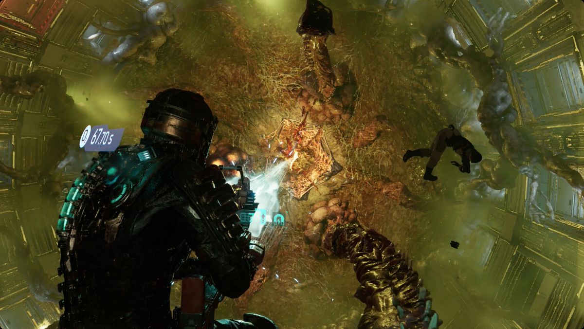 Dead Space Isaac firing a Contact Beam into the Leviathan’s mouth. It’s a pretty chaotic point in the fight.