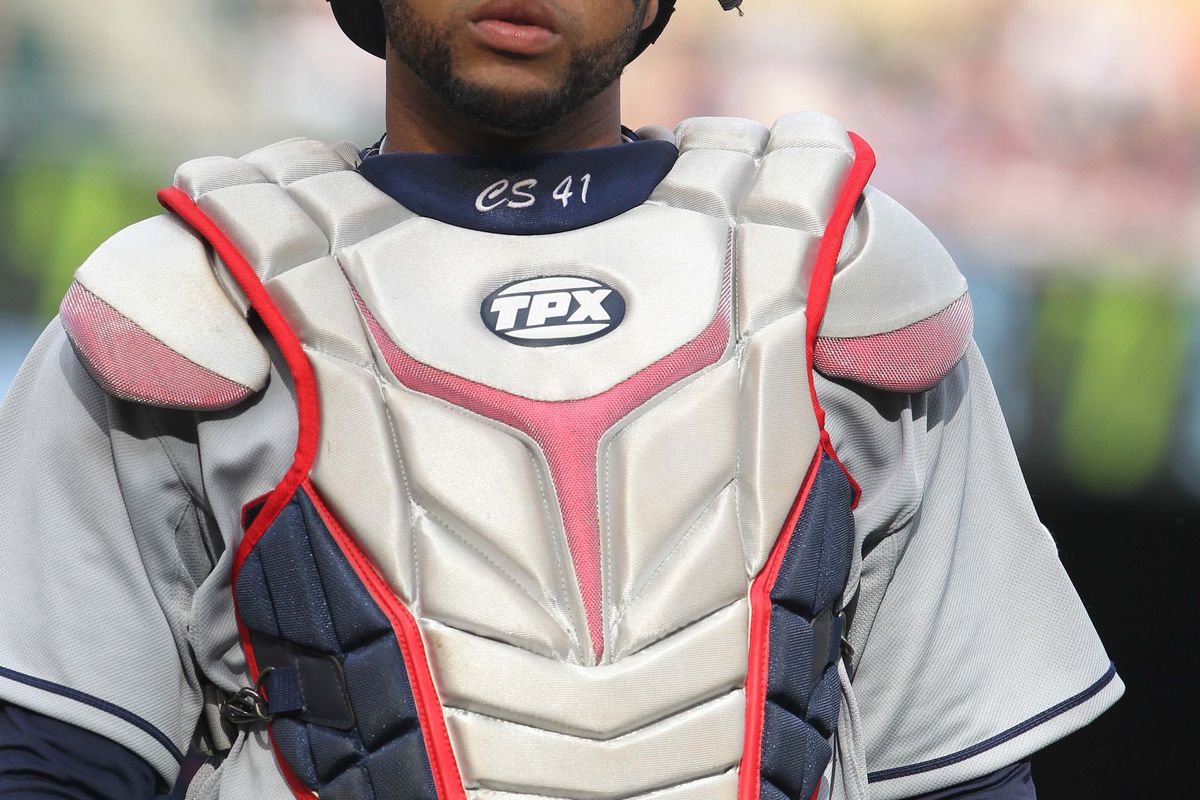 July 28, 2012; Minneapolis, MN, USA; Cleveland Indians catcher Carlos Santana (41) against the Minnesota Twins at Target Field. The Twins defeated the Indians 12-5. Mandatory Credit: Brace Hemmelgarn-US PRESSWIRE