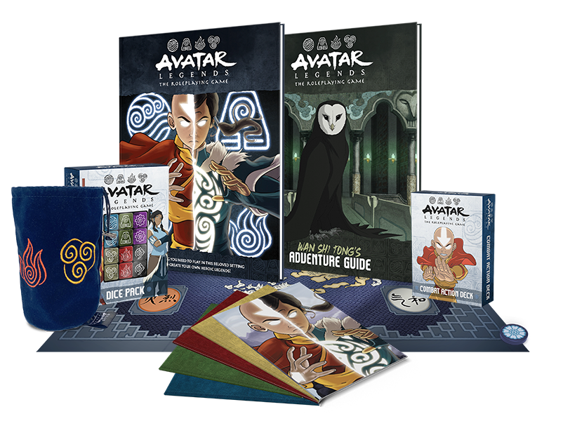 Avatar Legends set, including a rulebook, several playbooks, combat action deck, and several die