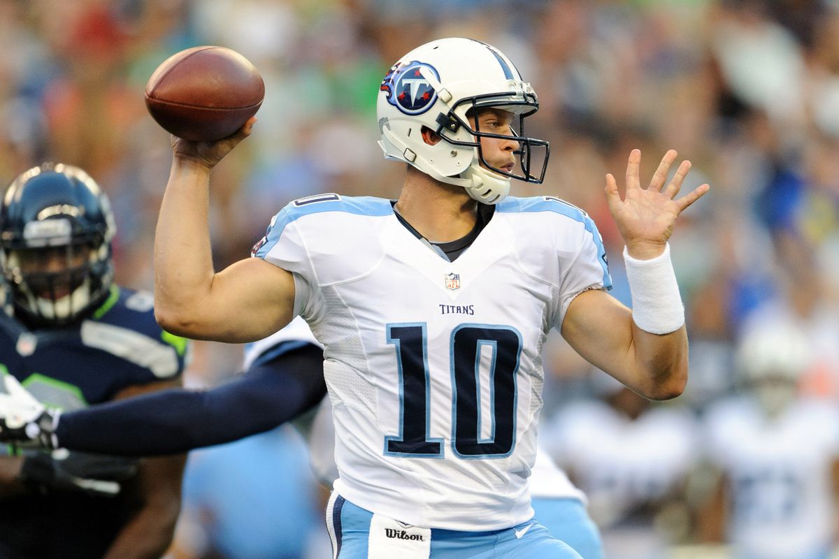 Aug 11, 2012; Seattle, WA, USA; Tennessee Titans quarterback Jake Locker (10) throws the ball during the 1st half against the Seattle Seahawks at CenturyLink Field. Mandatory Credit: Steven Bisig-US PRESSWIRE