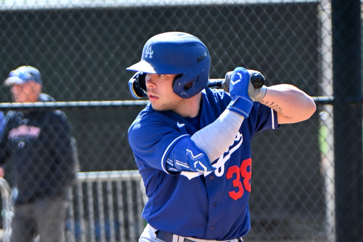 Dalton Rushing #38 of the Los Angeles Dodgers bats during a minor league spring training game against the Cleveland Guardians at Camelback Ranch on March 24, 2023 in Glendale, Arizona