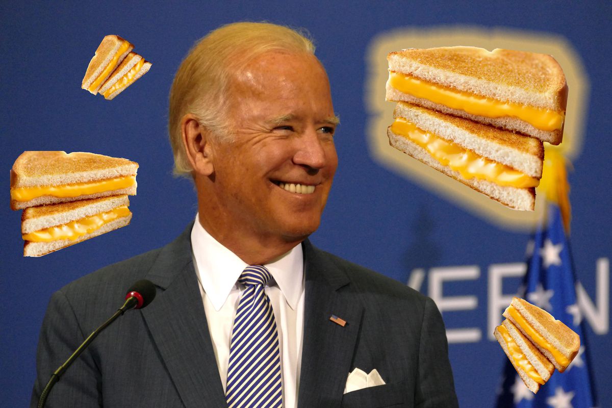 Joe Biden surrounded by grilled cheese