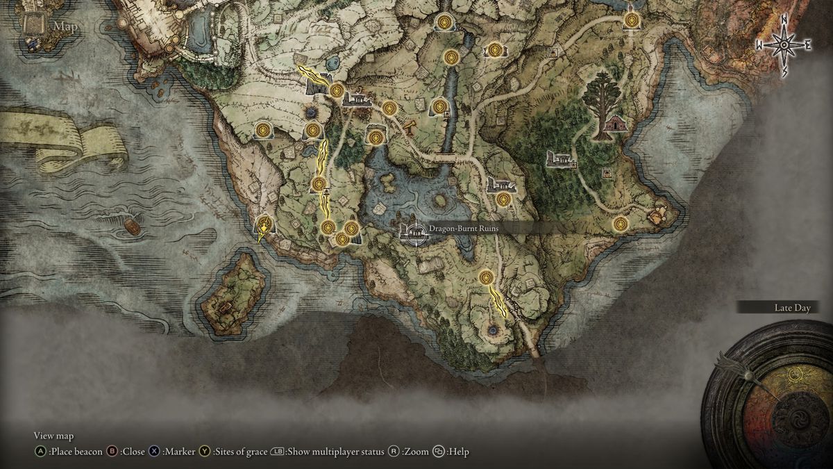 Elden Ring map showing the location of dragon-burnt ruins 