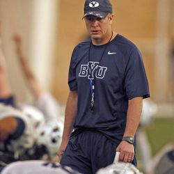 Coach Bronco Mendenhall on the first day of BYU football's spring camp Monday, March 4, 2013, in Provo