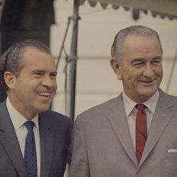 Richard Nixon, left, greets the press with President Lyndon Johnson at the White House on November 11, 1968, in Washington. Nixon, the Republican candidate, won a close election victory for president on Nov. 6, 1968.